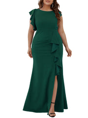 Bodycon Mermaid Maxi Dress Women's Plus Ruffle Sleeve Evening Dress