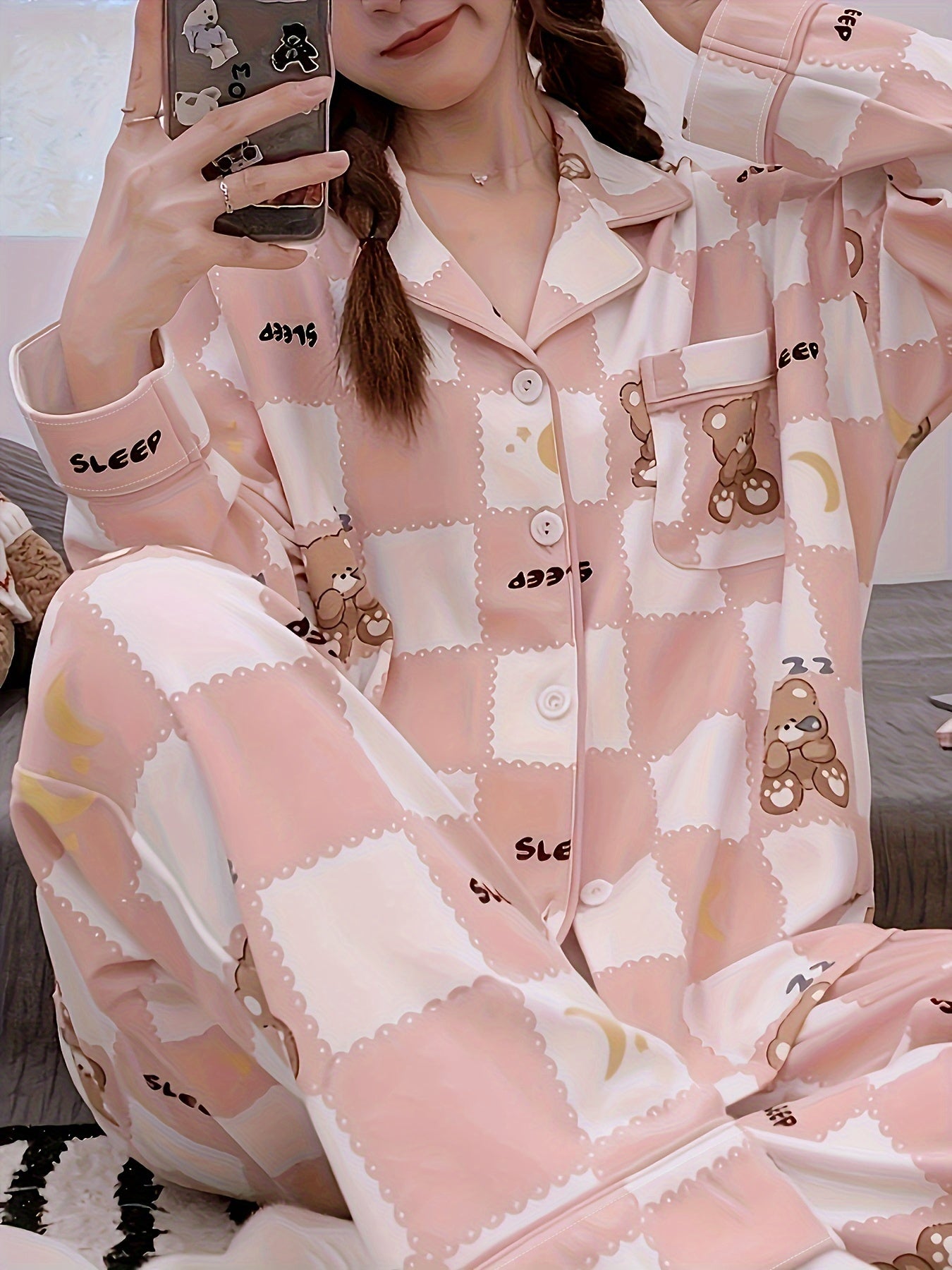 Bear Print Plaid Pajama Set Long Sleeve Button Up Top & Elastic Waistband Pants