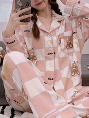 Bear Print Plaid Pajama Set Long Sleeve Button Up Top & Elastic Waistband Pants