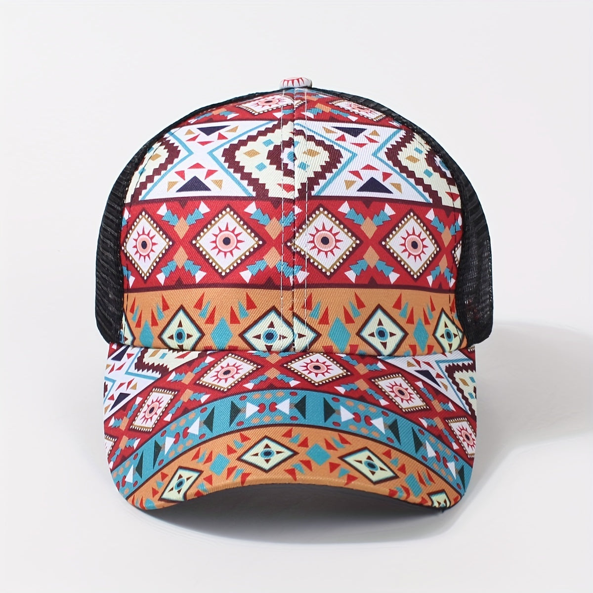 Vintage Ponytail Trucker Hat Boho Geometric Print Baseball Cap