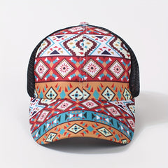 Vintage Ponytail Trucker Hat Boho Geometric Print Baseball Cap