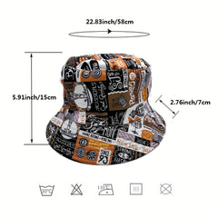 Letter Graffiti Print Bucket Hat Vintage Reversible Sunscreen Fisherman Cap