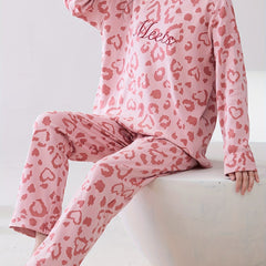 Leopard Print Pajama Set Long Sleeve Top & Elastic Waistband Pants