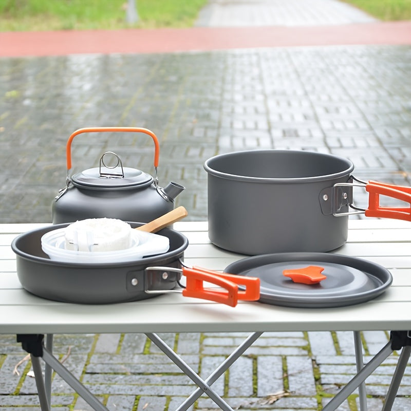 Portable Picnic Cookware Set with Aluminum Kettle, Pan, Pot & Utensils