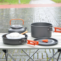 Portable Picnic Cookware Set with Aluminum Kettle, Pan, Pot & Utensils