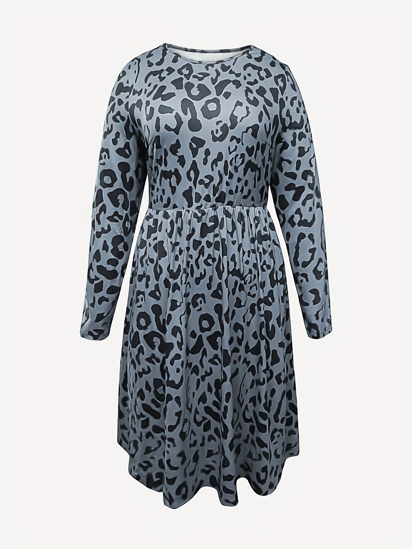 Leopard Print Long Sleeve Round Neck Stretch Dress