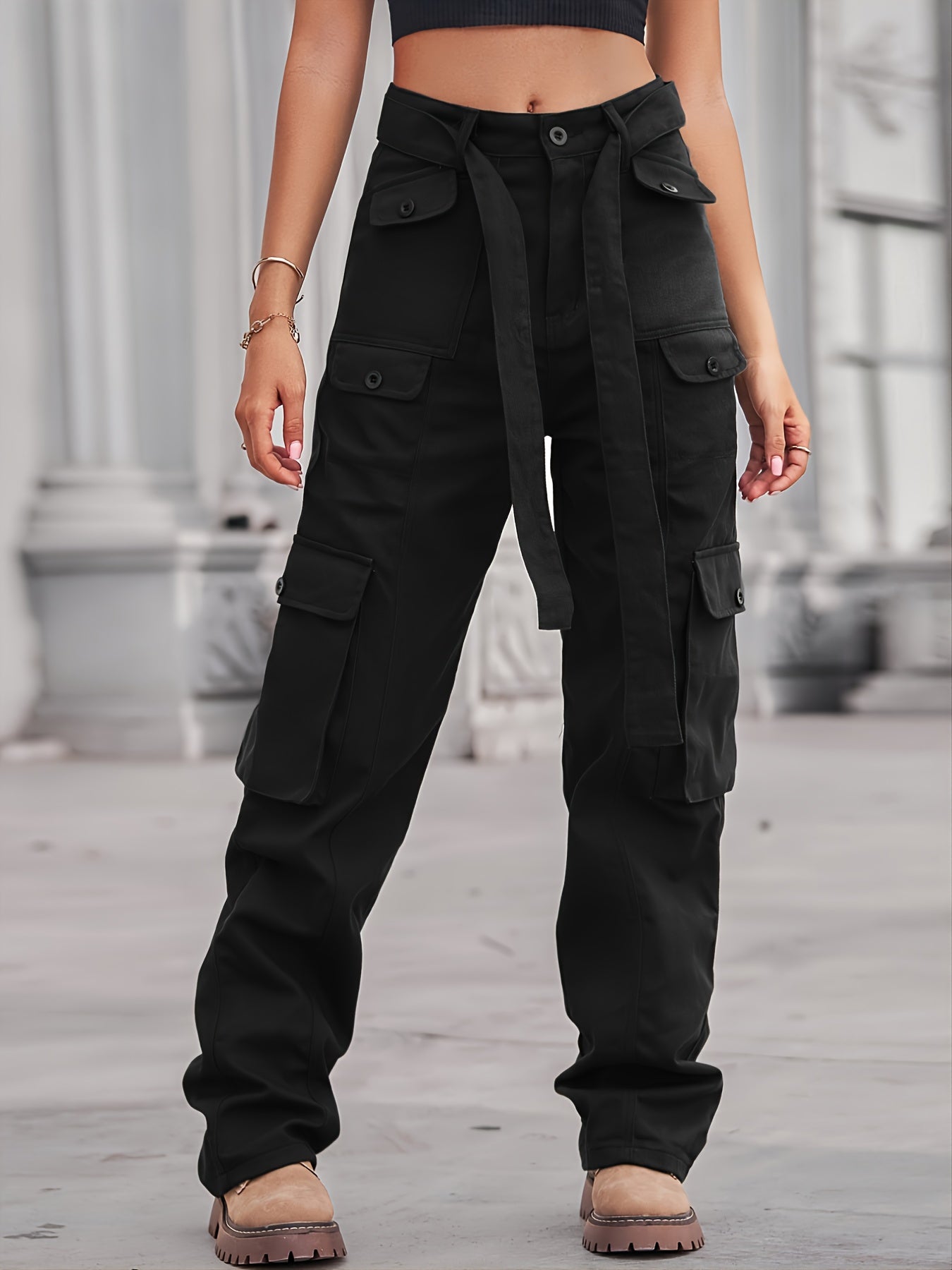 Baggy Cargo Pants Loose Fit Non Stretch With Belt Jeans