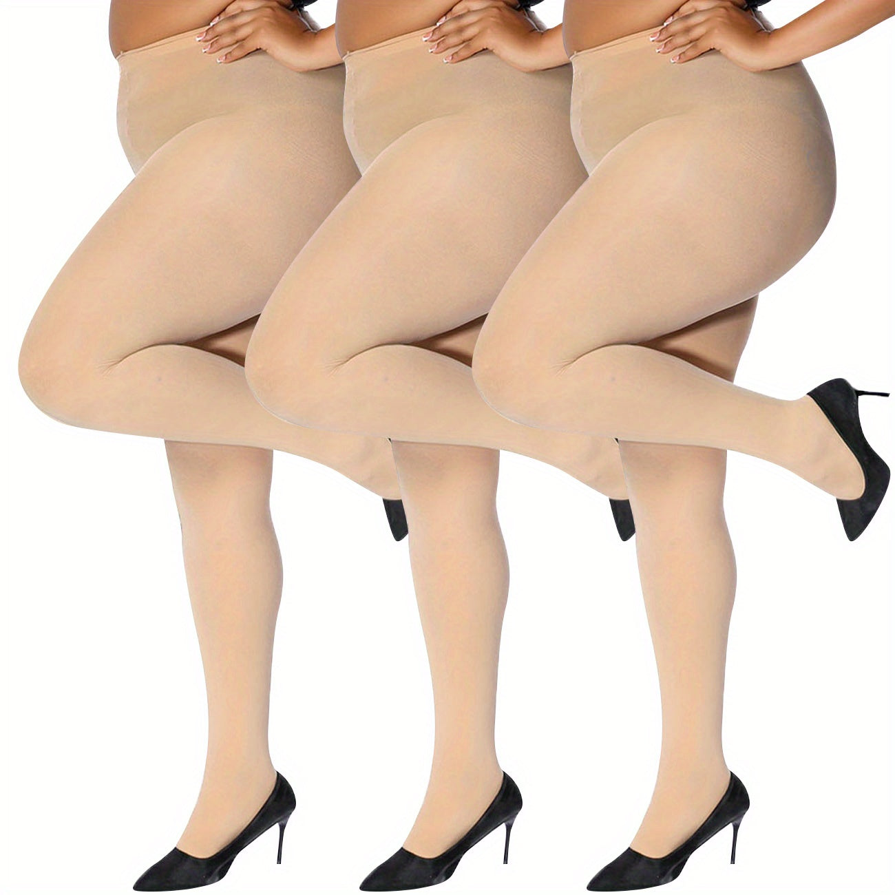 3 Pairs Plus Size Basic Pantyhose Set Women's Plus Solid Control Top