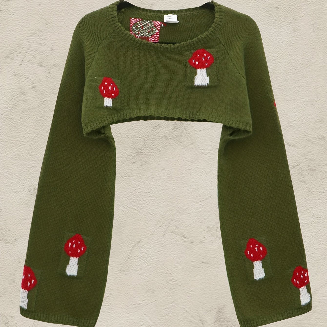 Y2K Mushroom Print Bell Sleeve Crop Sweater