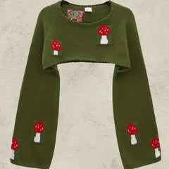 Y2K Mushroom Print Bell Sleeve Crop Sweater