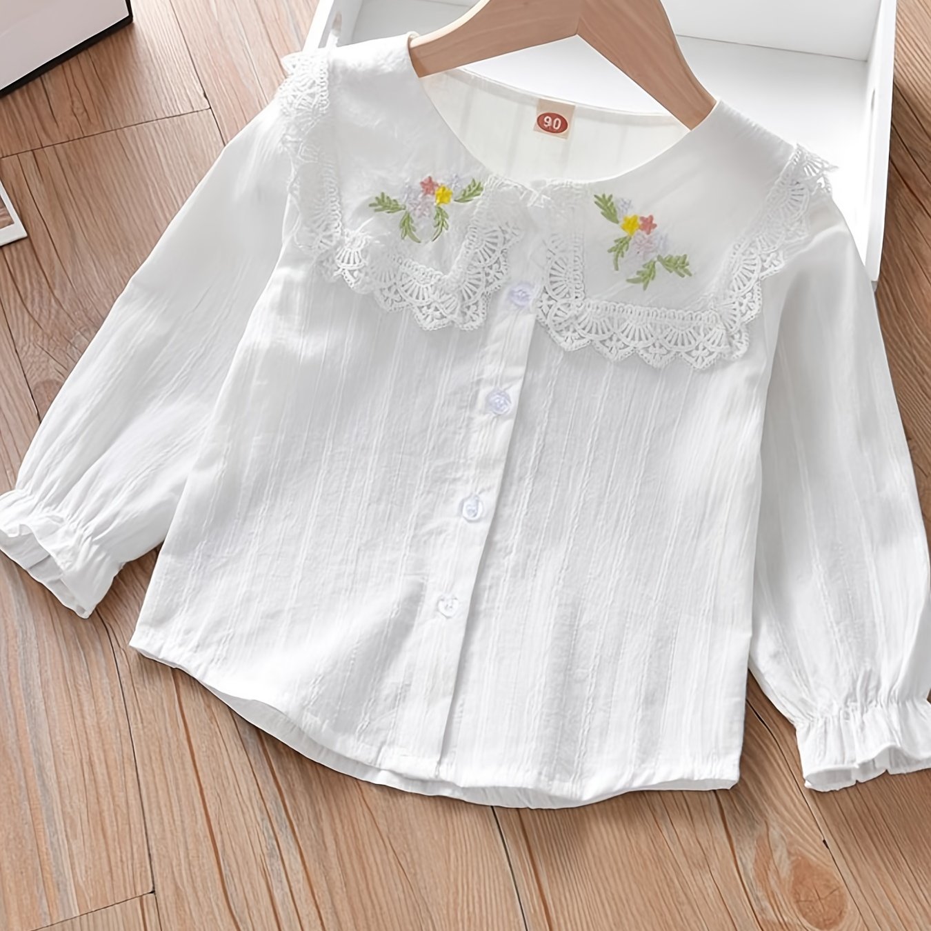 Kid Girls Flower Embroidered Collar Long Sleeve Uniform Shirt Button Down Blouse