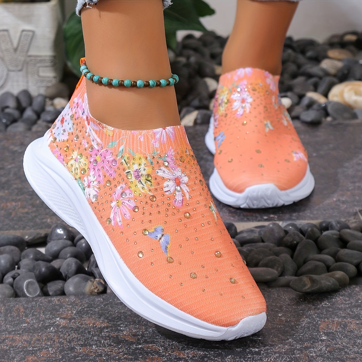 Women's Floral Rhinestone Slip On Sneakers Lightweight Outdoor Casual Shoes