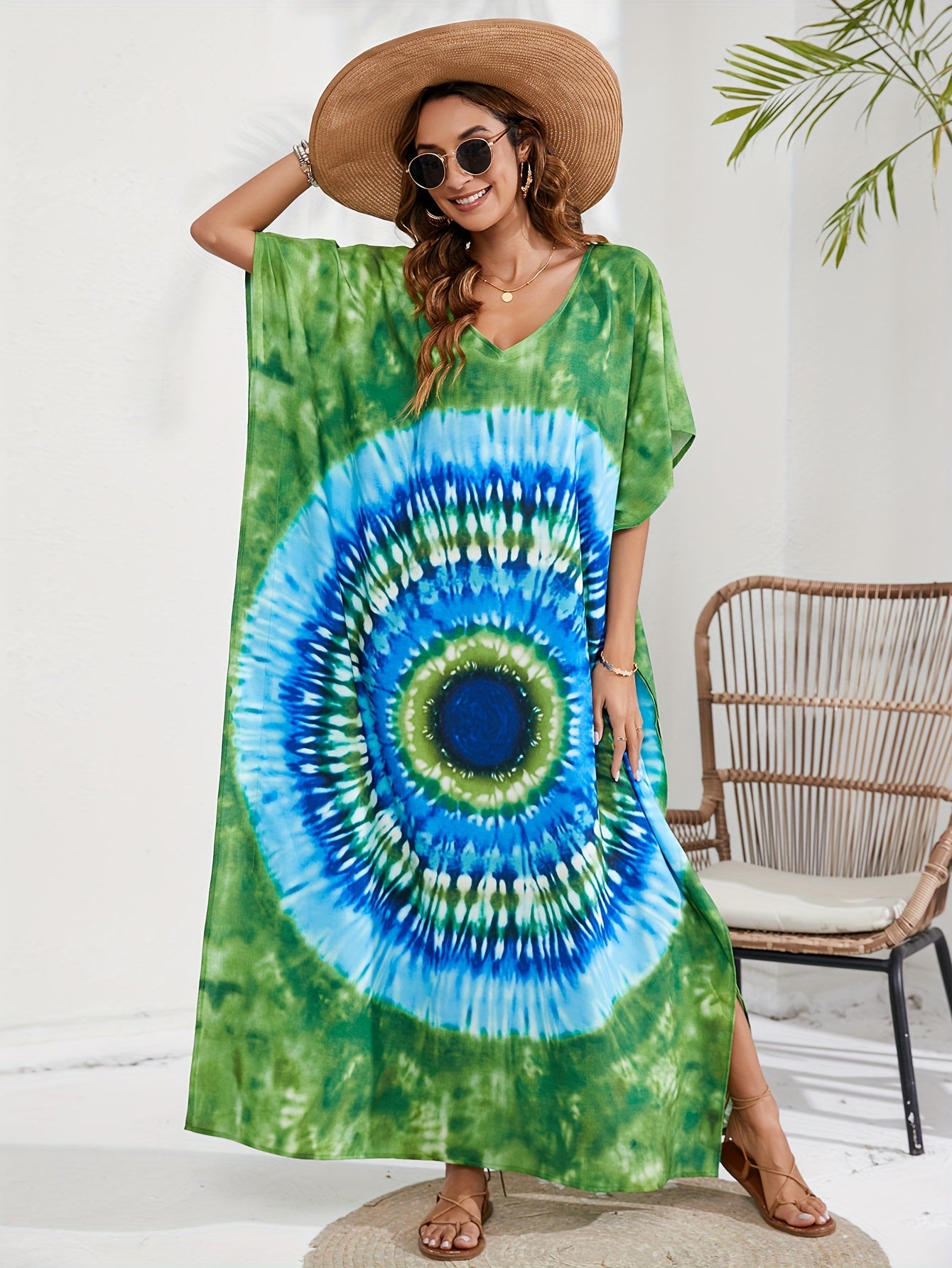 Spiral Tie Dye V Neck Maxi Cover Up