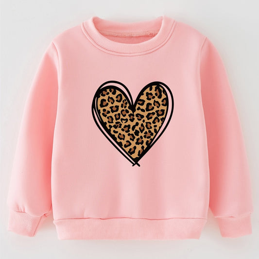 Girls Leopard Heart Print Pullover Sweatshirt Kids Clothes