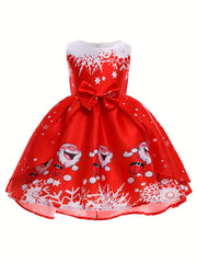 Girl's Christmas Princess Dress with Santa Print - Holiday Party Dress