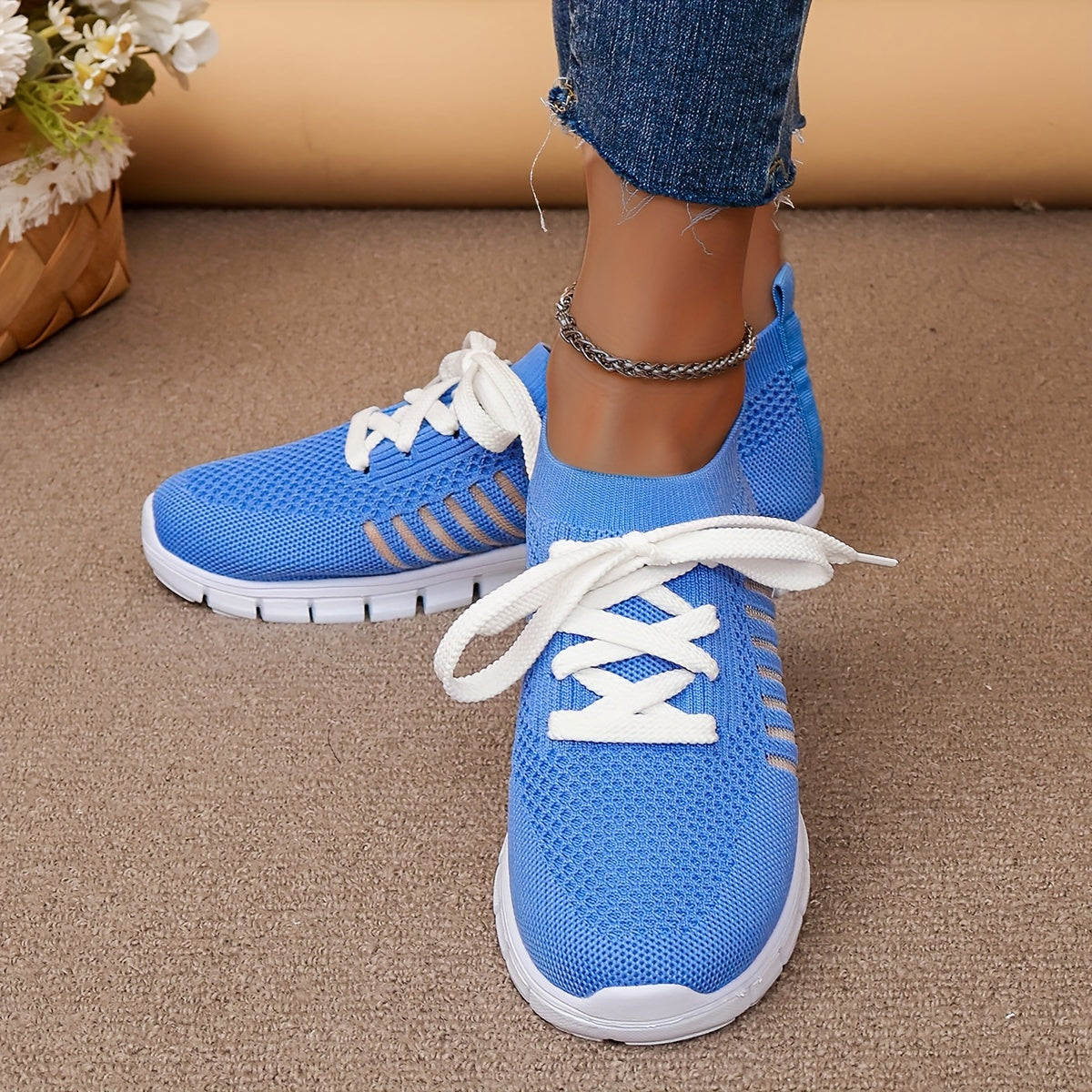 Women's Hollow Out Stripe Mesh Sneakers Soft Sole Lace-up Running Shoes