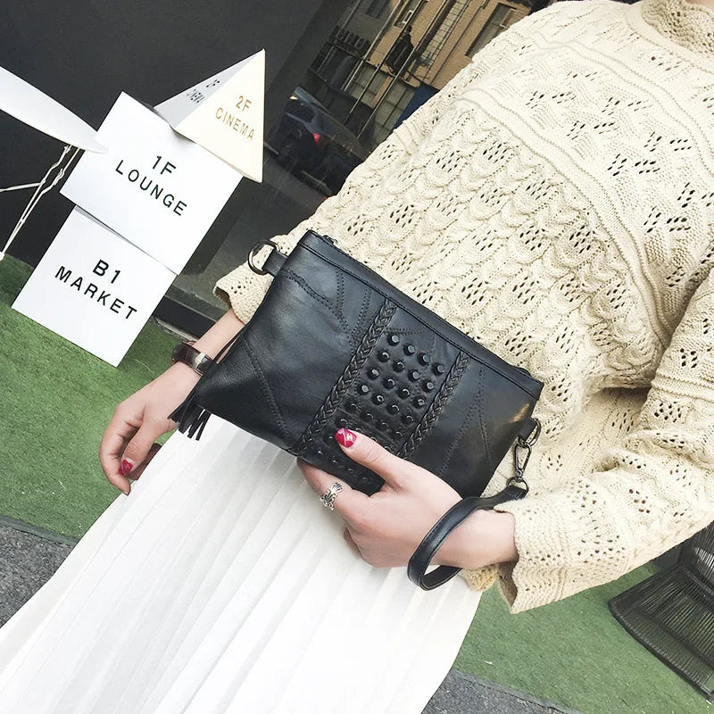Women Rivet Tassel Clutch Bag Female Shoulder Bag