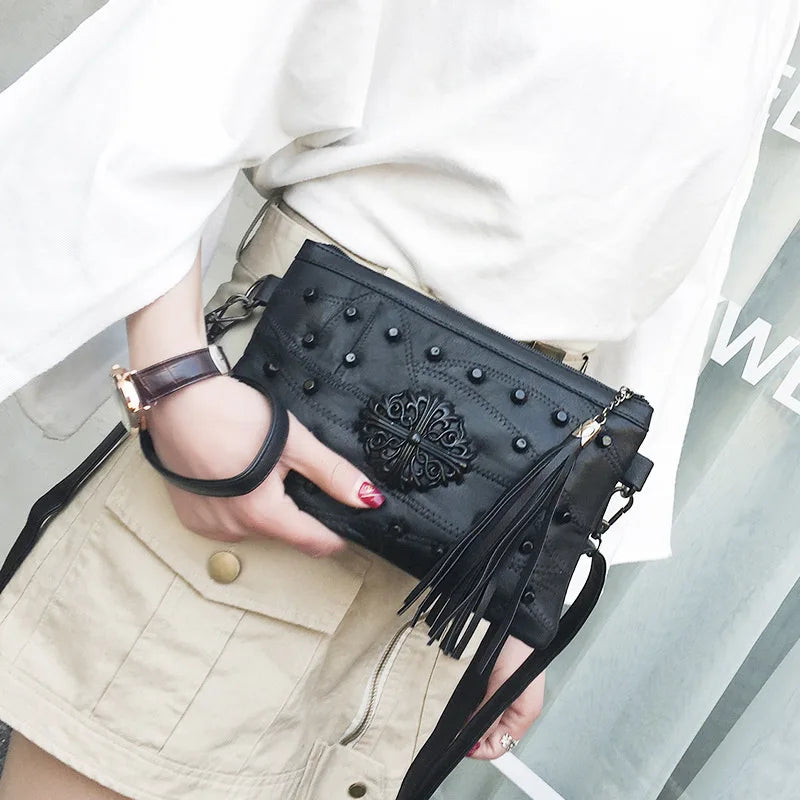 Women Rivet Tassel Clutch Bag Female Shoulder Bag