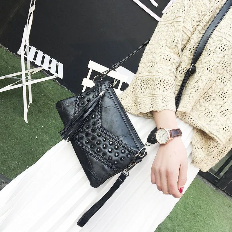 Women Rivet Tassel Clutch Bag Female Shoulder Bag