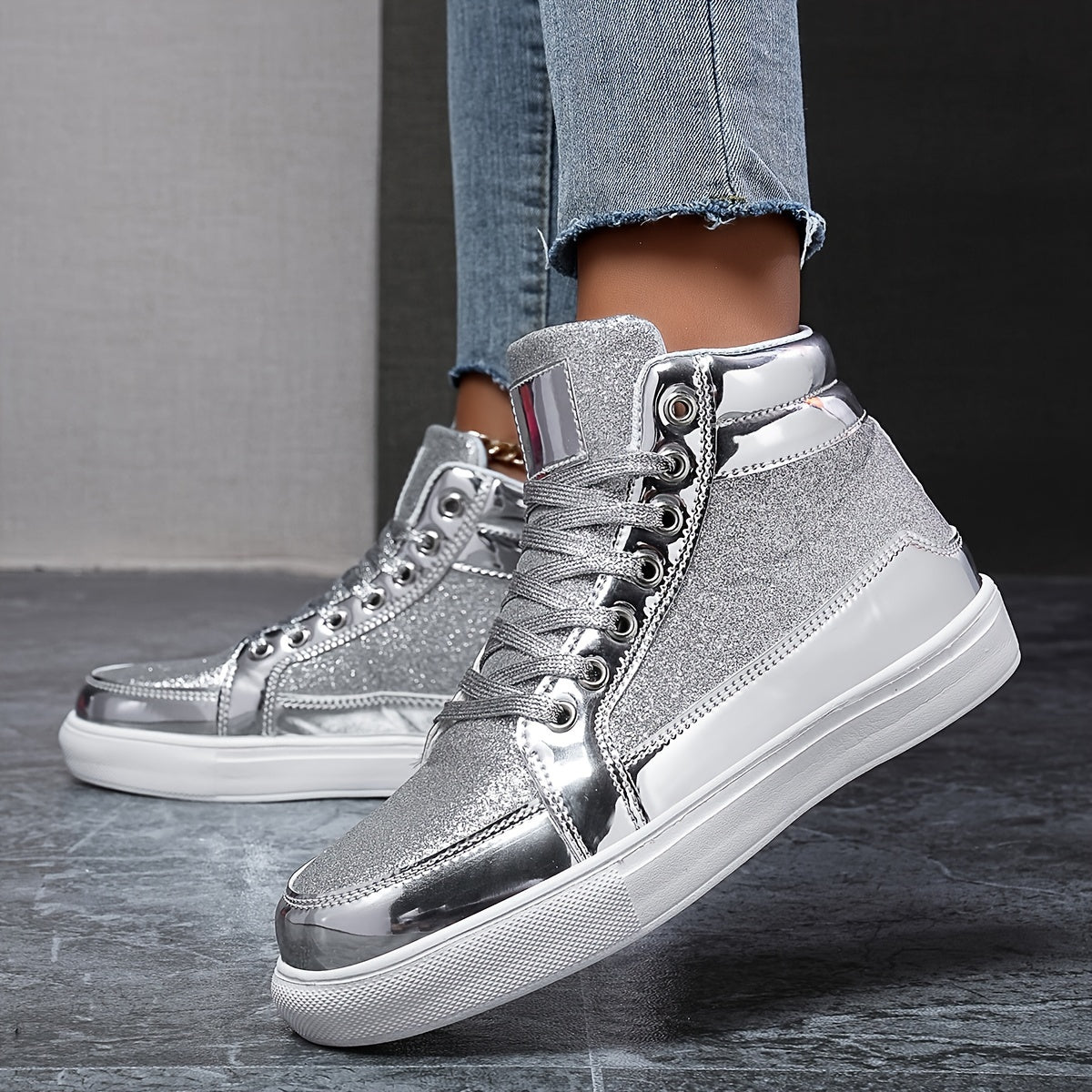 Reflective High Top Skate Shoes Glitter Sequin Decor