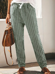Striped Straight Leg Pants High Waist Drawstring