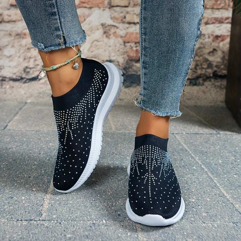 Women's Rhinestone Decor Sneakers Breathable Casual Flying Woven Shoes