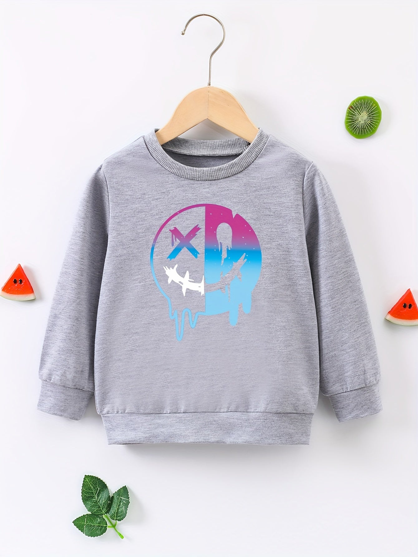 Colorful Smile Face Print Boys Casual Pullover Sweatshirt Crew Neck Tops