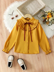 Girls Preppy Shirt Ruffle Trim Turn Down Collar Striped Blouse Top