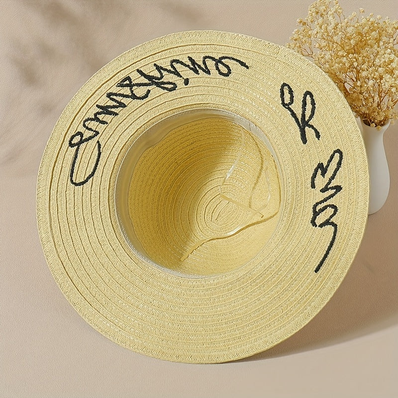Sunshine Embroidery Sun Hat Wide Brim Khaki Floppy Travel Beach Hat