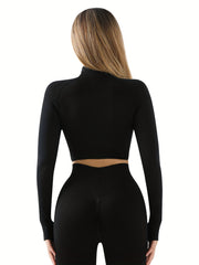 Full Zipper Running Jacket Long Sleeve Yoga Sports Crop Top With Thumb Holes