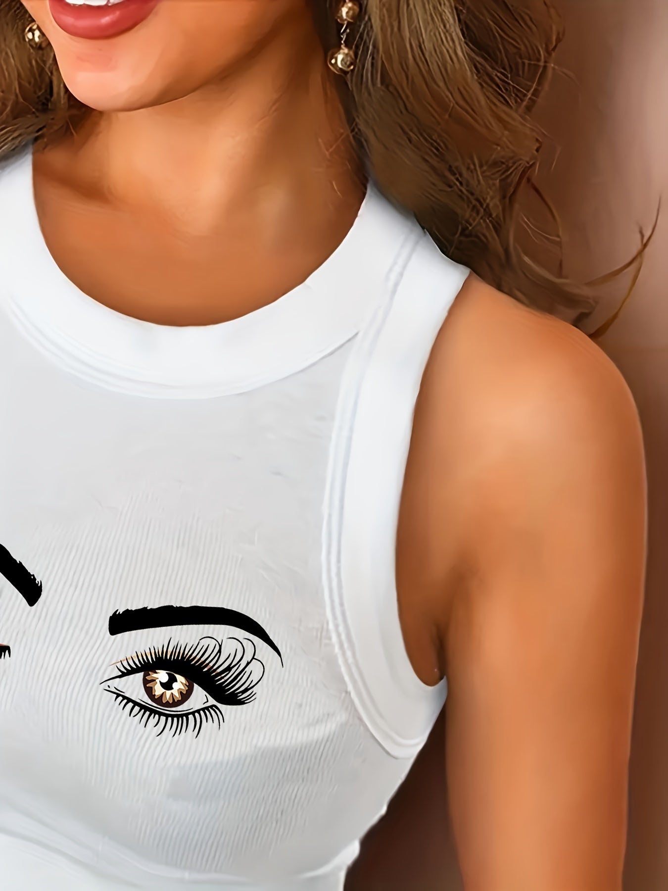 Eyes Print Tank Top Sexy Crew Neck Summer Sleeveless Top