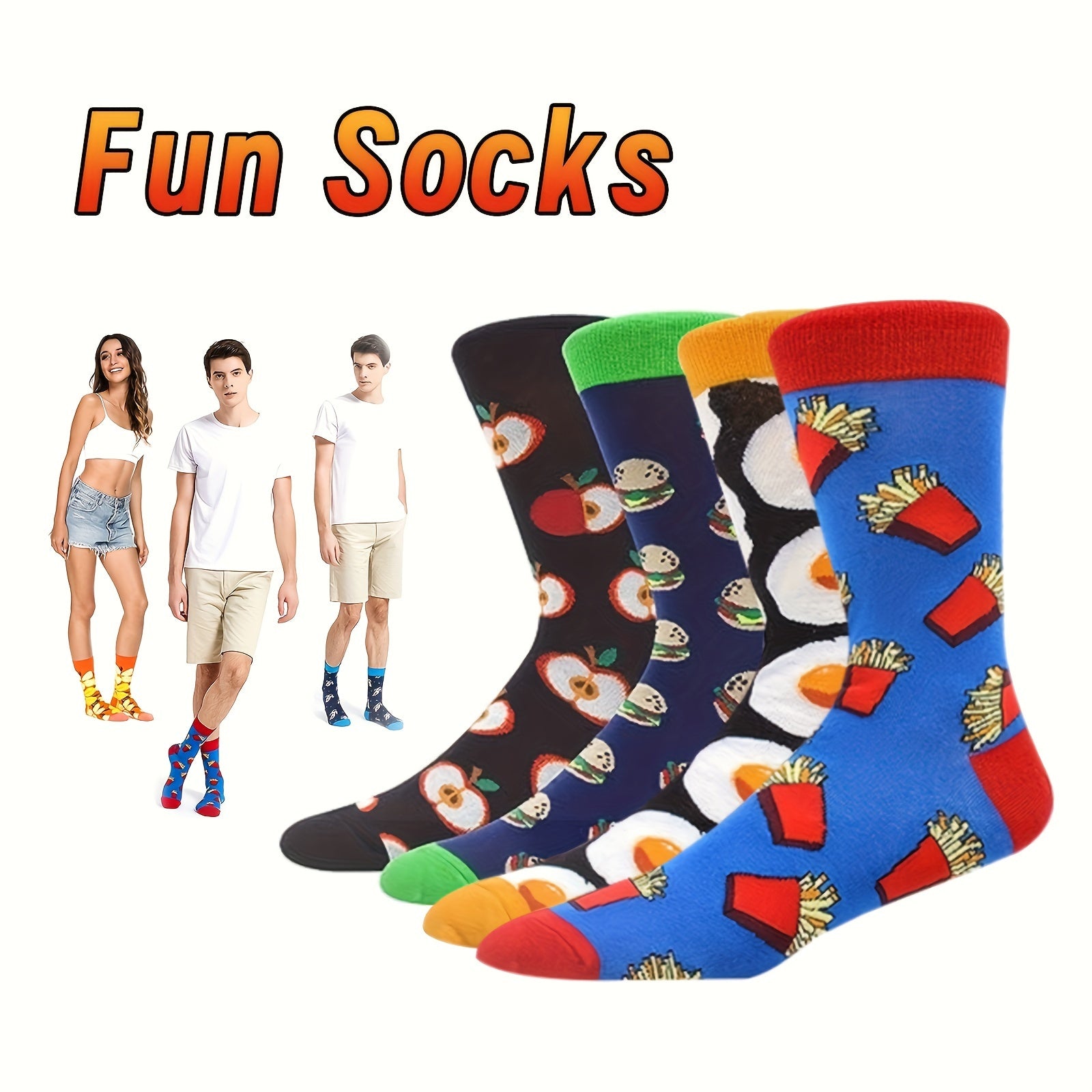 4 Pairs Funny Colorful Novelty Crew Socks for Men Women