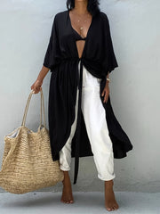 V Neck Long Sleeve Cover Up Shirt Loose Fit Casual Beachwear