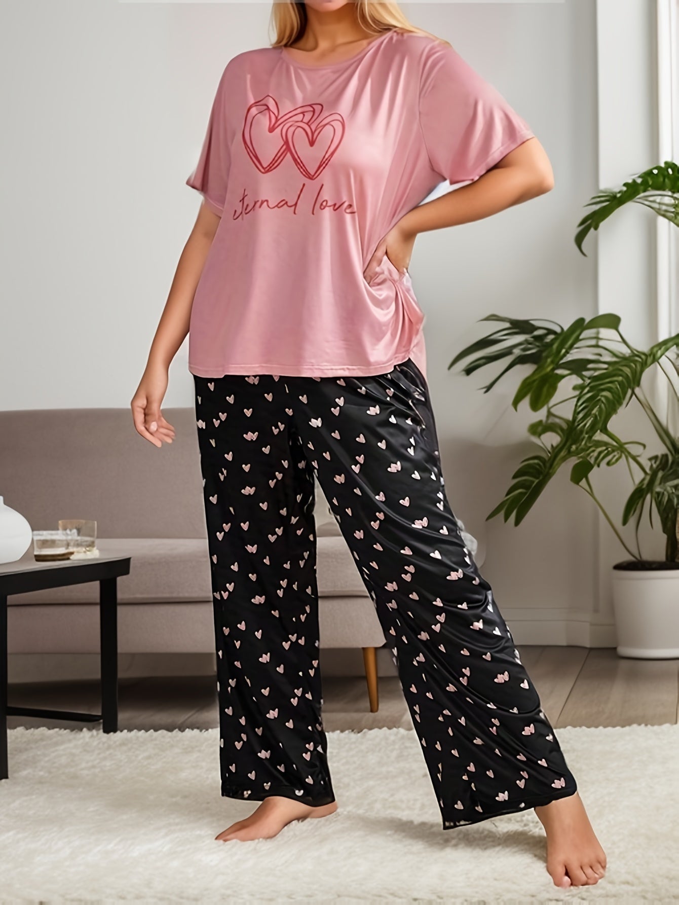 Heart & Slogan Print Pajamas Set Women's Tee & Pants Lounge 2 Piece