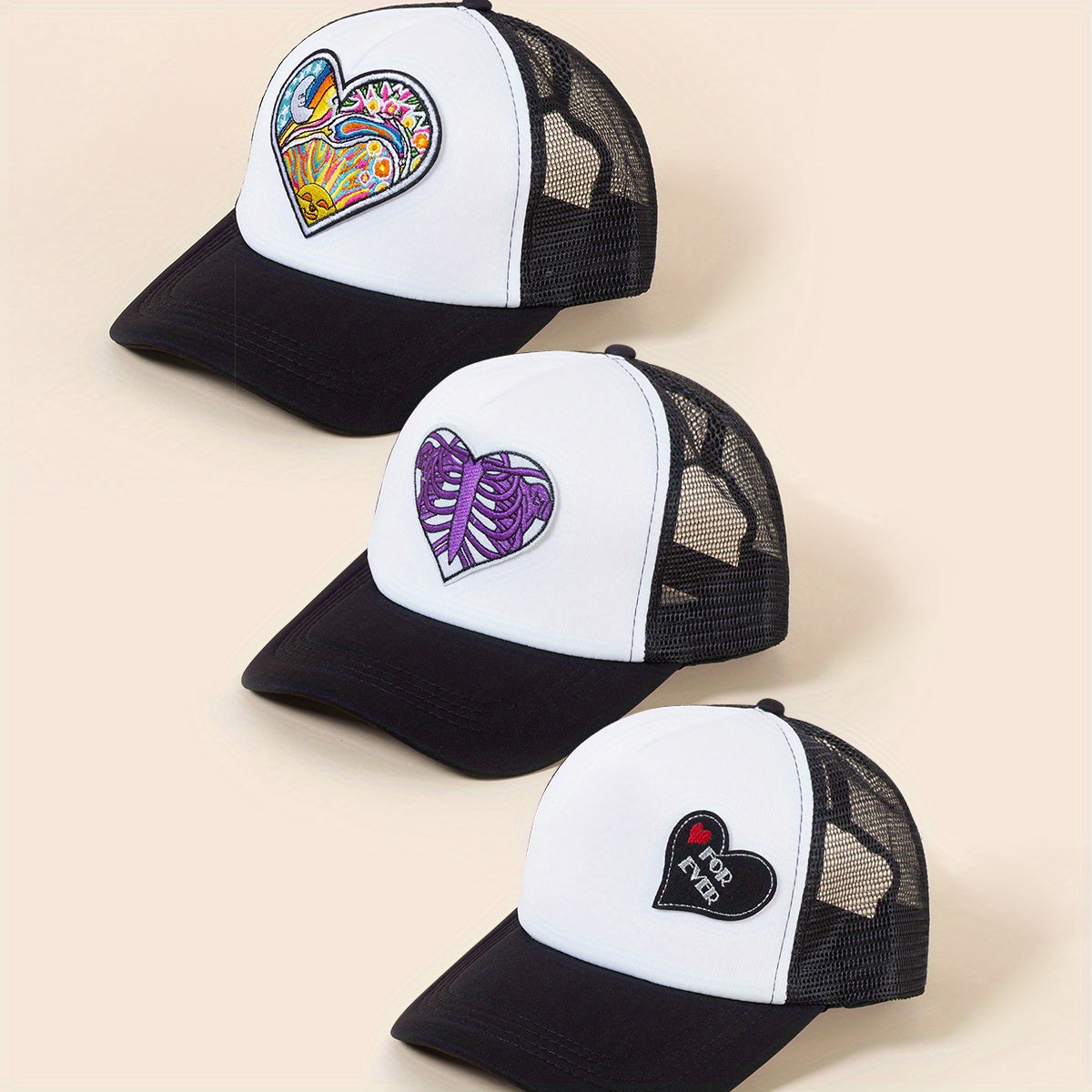 3pcs Heart FOREVER Patch Trucker Hat Baseball Cap Mesh Sunshade Dad Hat