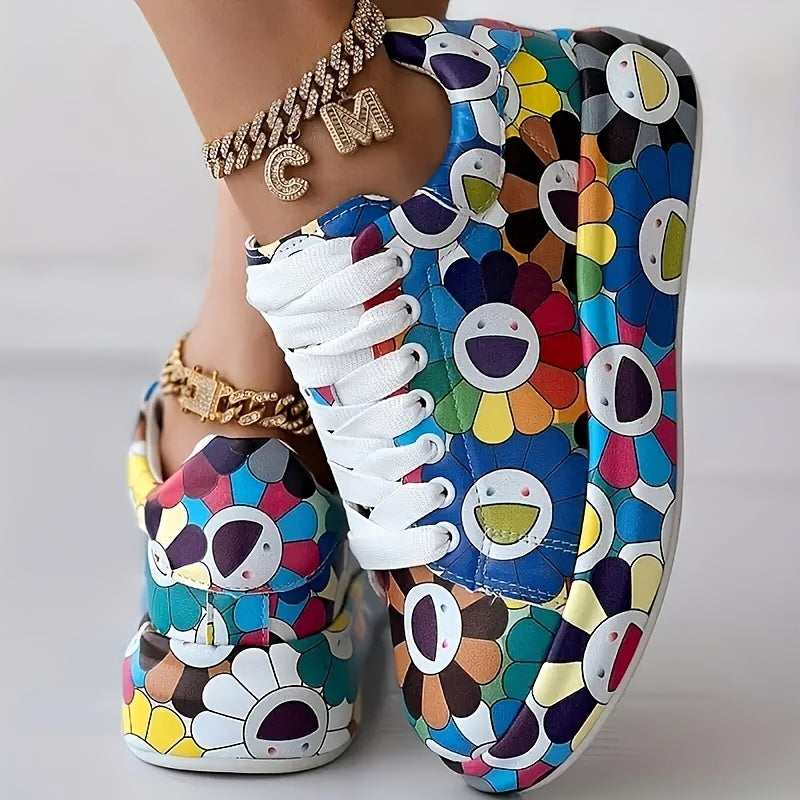 Women's Sunflower Print Lace-Up Platform Sneakers