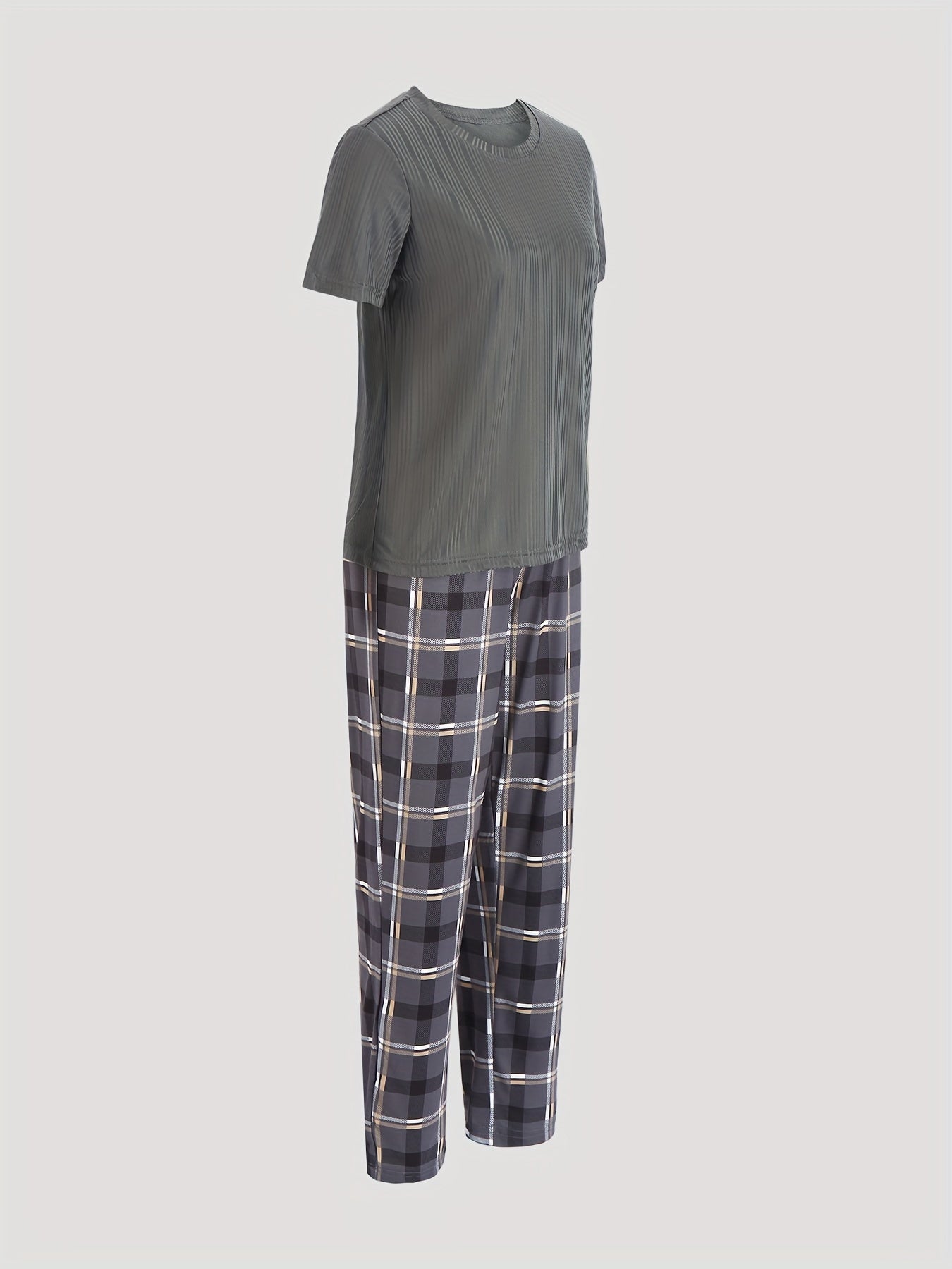 Plaid Lounge Set Short Sleeve Top & Pants Women's Loungewear