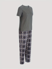 Plaid Lounge Set Short Sleeve Top & Pants Women's Loungewear