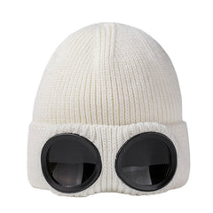 Warm Knitted Beanie Hat with Ski Goggles for Winter Outdoor Activities