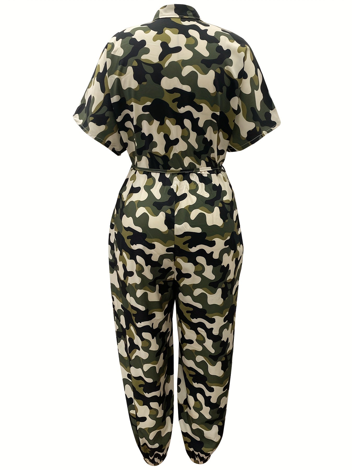 Camo Print Button Up Jumpsuit with Belt