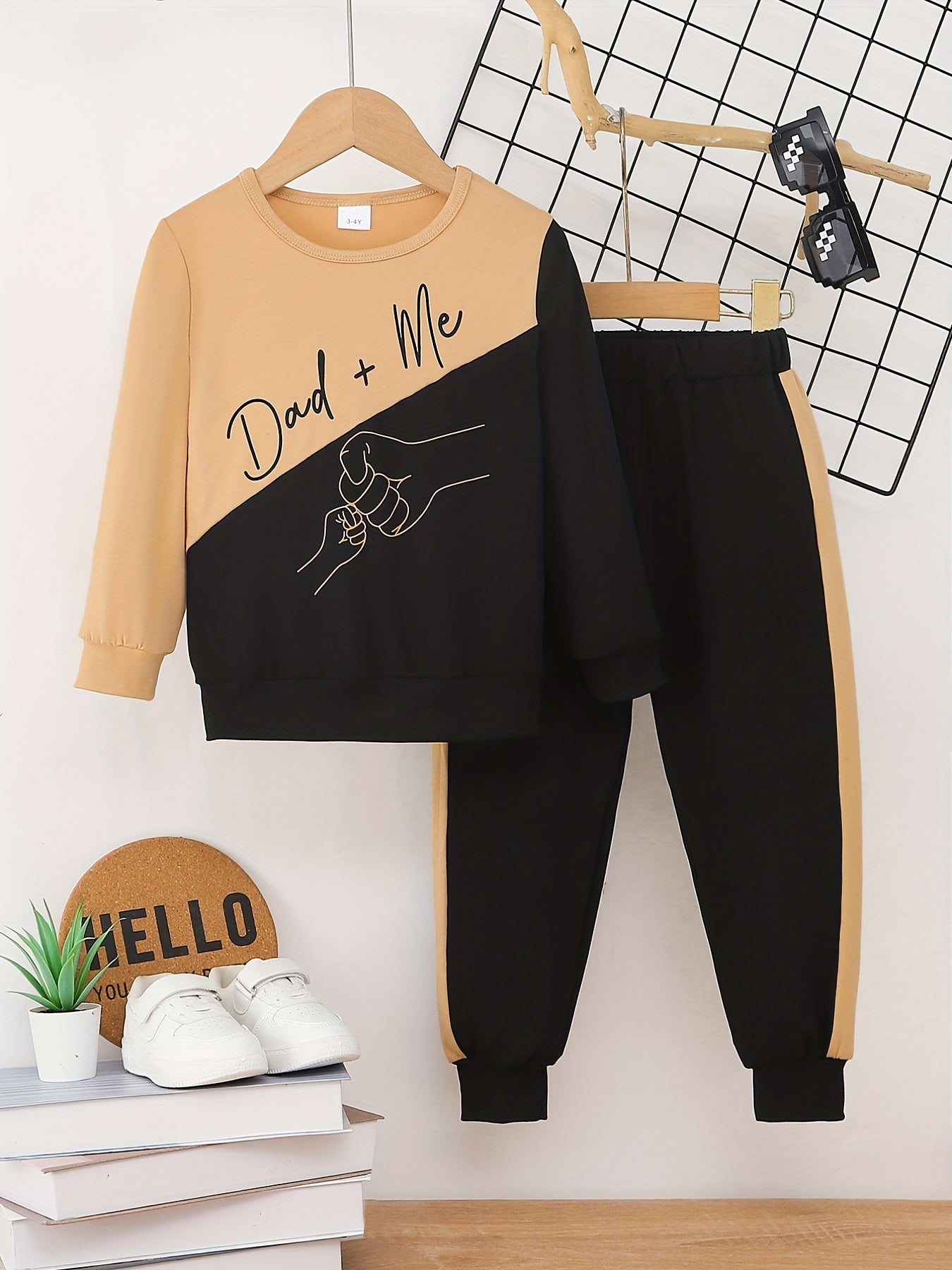 Boys 2pcs Sweatshirt & Elastic Waist Pants DAD ME Print Long Sleeve Pullover Top