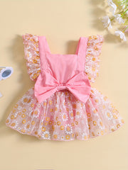 Summer Flower Princess Dress with Mesh Sleeves & Daisy Flower Decor