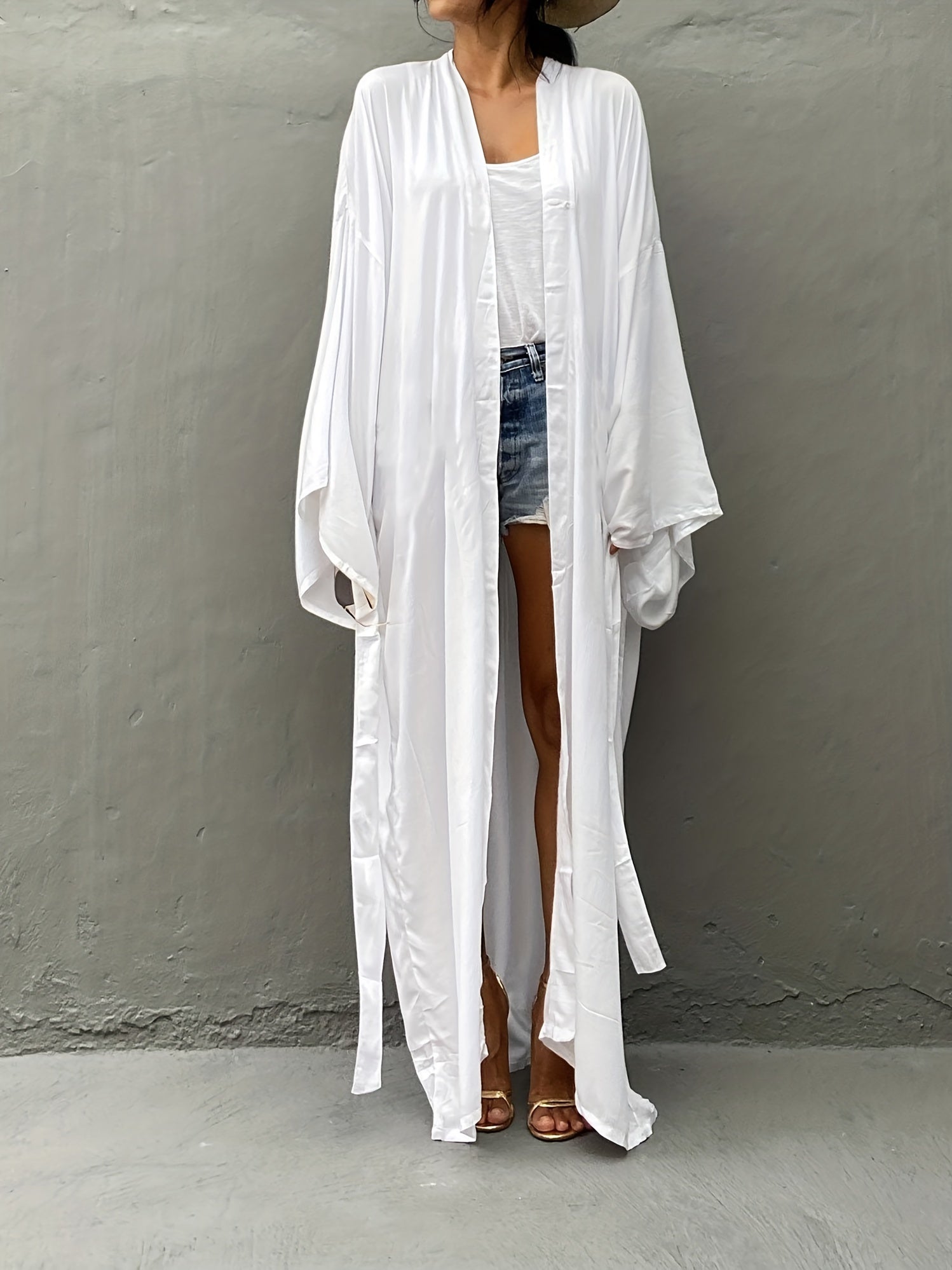 Solid Long Sleeve Open Front Long Cardigan With Belt