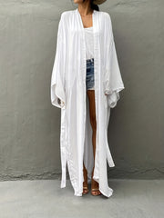 Solid Long Sleeve Open Front Long Cardigan With Belt