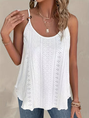 Casual Cami Top Solid Ring Decor Eyelet Embroidered Round Neck