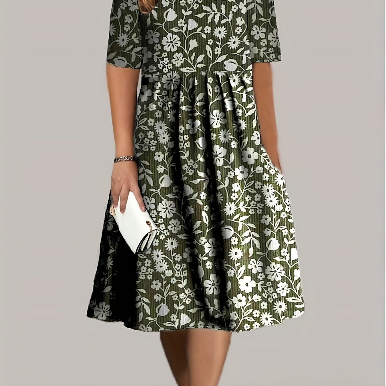 Floral Print Short Sleeve Round Neck Pleated Dress With Pockets
