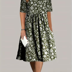 Floral Print Short Sleeve Round Neck Pleated Dress With Pockets