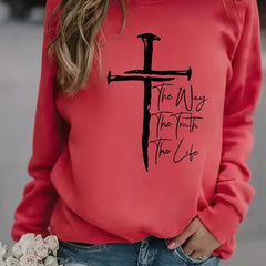 Cross Graphic Print Sweatshirt Crew Neck Women's Clothing