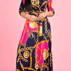 Chain Print Half Sleeve Surplice Neck Maxi Dress With Belt