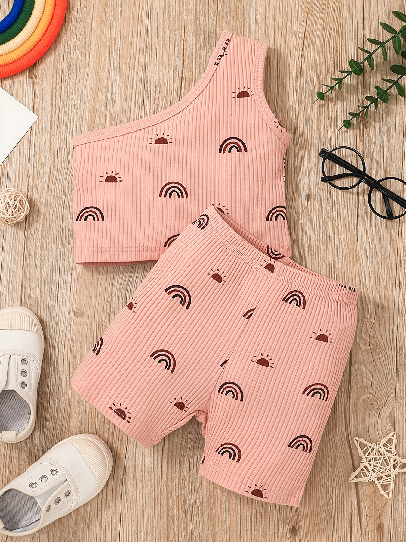 Girls One Shoulder Tank Top & Shorts Set With Sun Rainbow Print